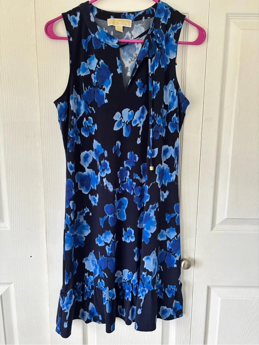 Michael Kors Blue Floral Sleeveless Shift Dress Ruffle Hem Tie Neck Size M - Picture 9 of 9